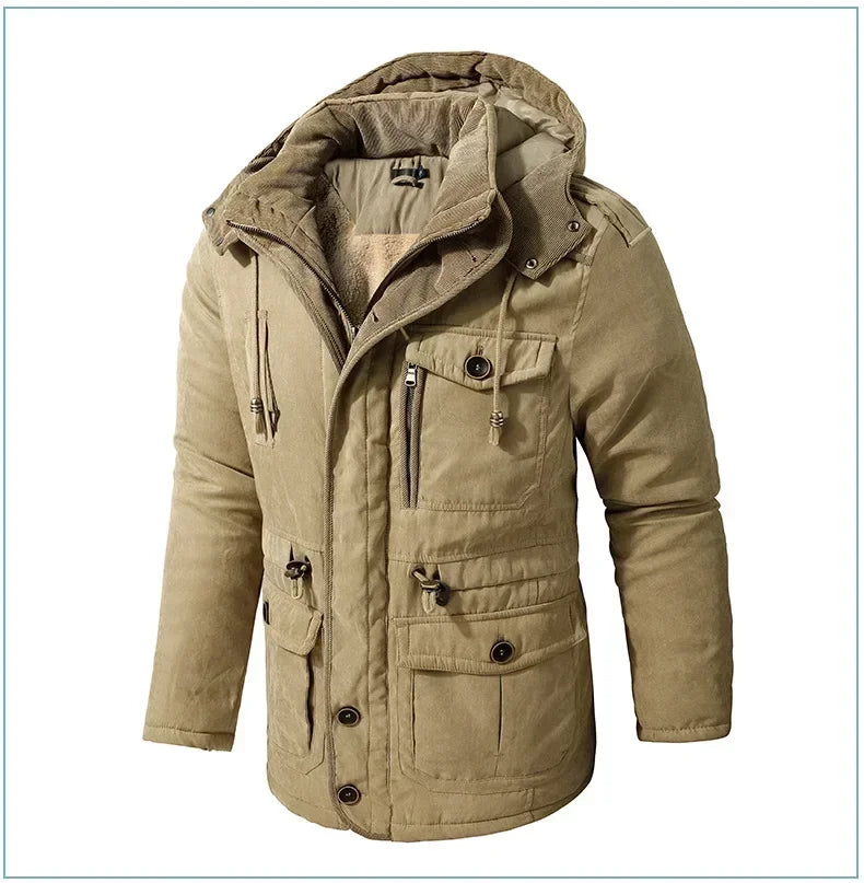 Men's Jacket WINTER USA SIZE Large SIZE Lamb Fleece JACKETS Hooded Cotton Thickened Multi Pocket Casual Mid length Coat