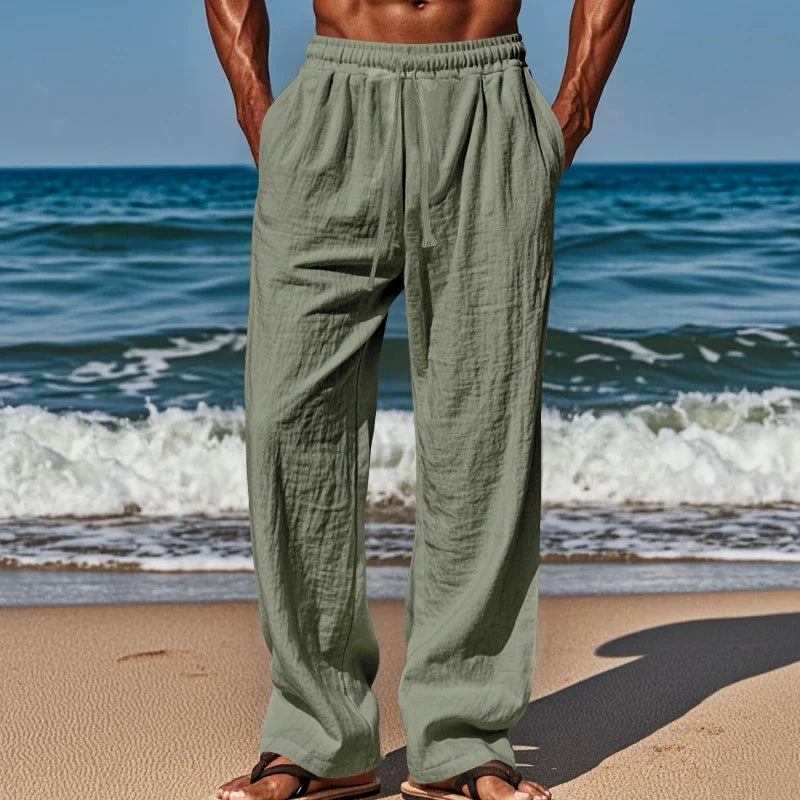 Men's Linen Casual Pants Elastic Waist Beach Pants Lightweight Drawstring Summer Yoga Pants Solid Color Beach Pants.