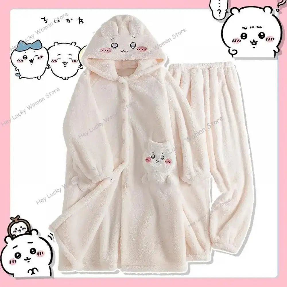 Kawaii Chiikawas Pajamas Coral Velvet Home Wear Long Length Nightgown Thick Cardigan Pant Cartoon Cute Girl Casual Home Clothing.