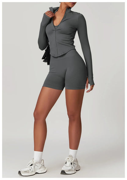 Ctenkevet Women Slim High Neck Jacket Sports Suit Female Two Piece Yoga Clothes Sport Outfit For Woman Buttock Lift Sports Suit