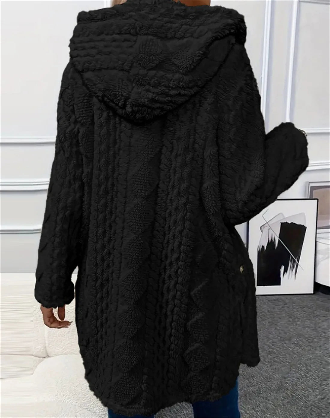 Women Cardigan Hoodie Jacket Autumn Winter Argyle Textured Pattern Hooded Irregular Hem Buttons Fleece Oversized Outerwear Coat.