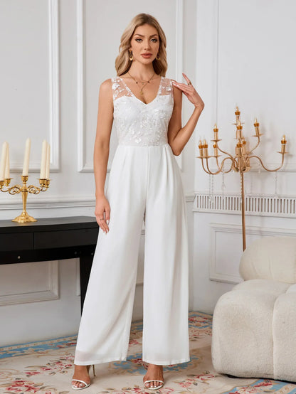 Sexy V-neck White Chiffon Lace Romper Wide Leg Wedding Party Banquet Women's Cross-border Clothing Lace Long Pants.