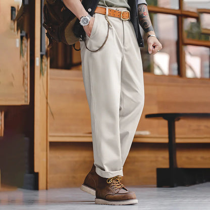 Maden Vintage Gentleman Naples Pants Korea Fashion Casual  Paris Button Straight Wide Trousers 100% Cotton Solid Work Suit Pants.