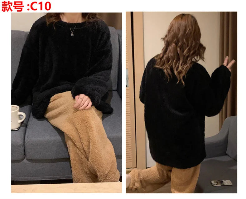 Winter Fleece Women Pajamas Set  Sleepwear Solid Velvet 2 Piece Pant Home Suit Fluffy Casual Warm Flannel Night Wear