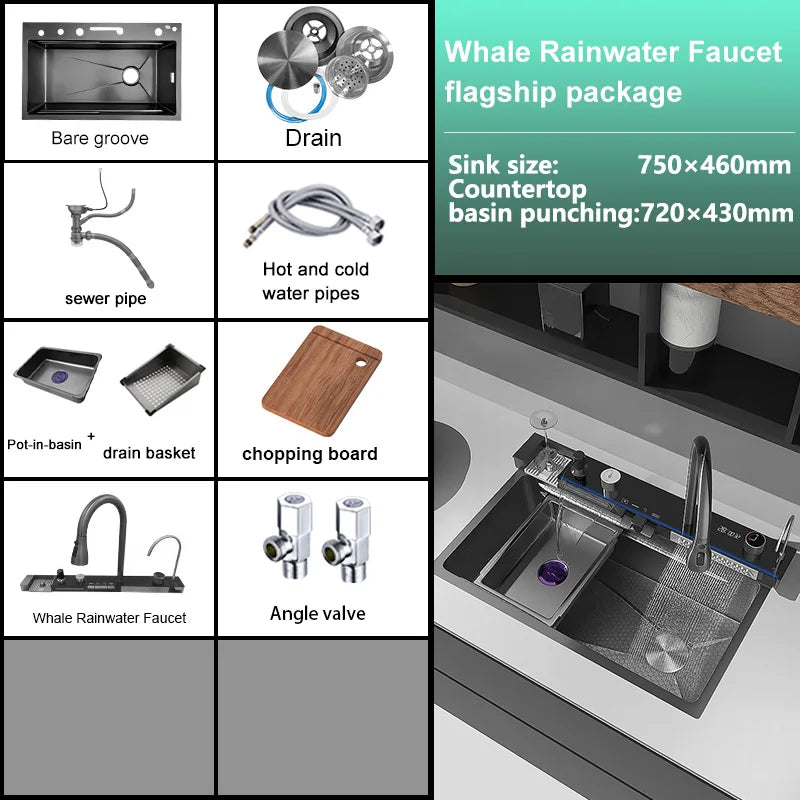 Edelstahl-Küchenspüle, multifunktionale Digitalanzeige, Wasserfall, großer Einzelschlitz mit Rack für Messerwaschbecken