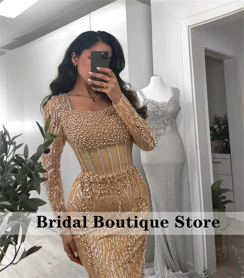 Glänzende blaue Dubai-Abendkleider 2025, mit Perlen verziert, Kristalle, Hochzeitskleid für besondere Anlässe, maßgeschneidert.