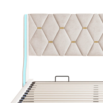 Comanlai 140 x 200 cm/160 x 200 cm hydraulisches Bett mit Stauraum, gepolstertes Bett mit Kopfteil, Kopfteil mit LED-Leuchten, Doppelbett, Flanell