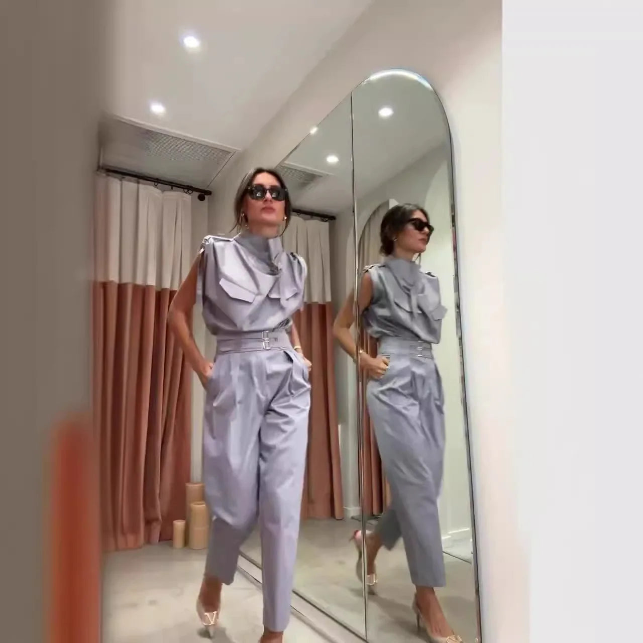 Spring Summer New Women's Clothing Personalized Shoulder Slimming Waist-Slimming Belt Decoration Blouse Top Pants Set