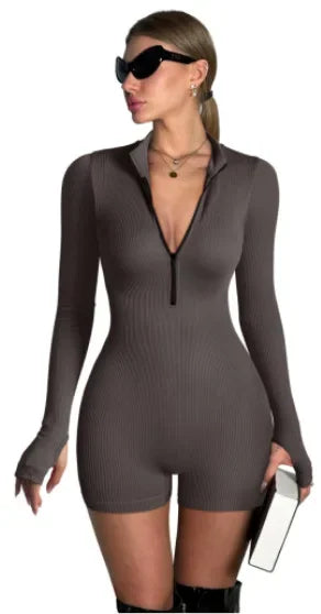 High Elasticity Yoga Suit Women's Thumb-Closed Bodysuit Zipper Tight Exercise Fitness Clothing Nylon Material Chinese Origin.