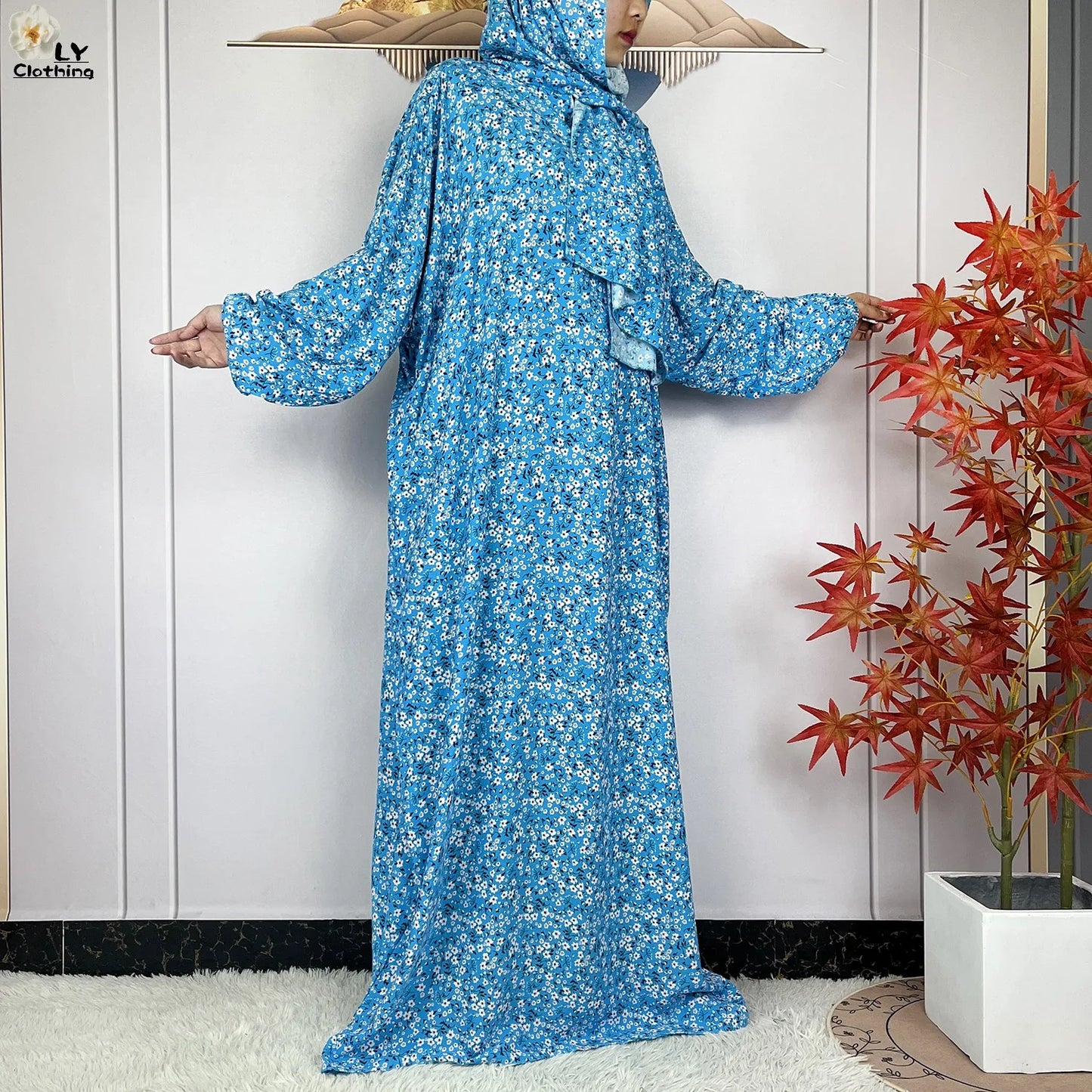 New Muslim Long Sleeved Cotton For Women Ramadan Prayer Turkey Middle East Femme Robe Floral Loose African Abaya Dress Scarfs