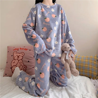 Winter-Damen-Pyjama-Homewear-Anzug, neues warmes Set aus Korallen-Fleece für Herbst und Winter, bequemer warmer Pyjama-Homewear-Anzug