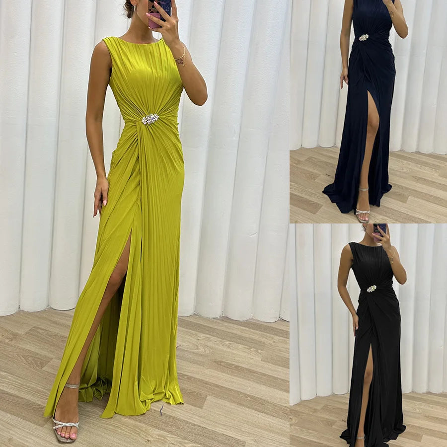 Frauen sexy Kleid neue ärmellose feste Party schlanke Empire Split weibliche elegante Rundhals Mode lange Kleidung.