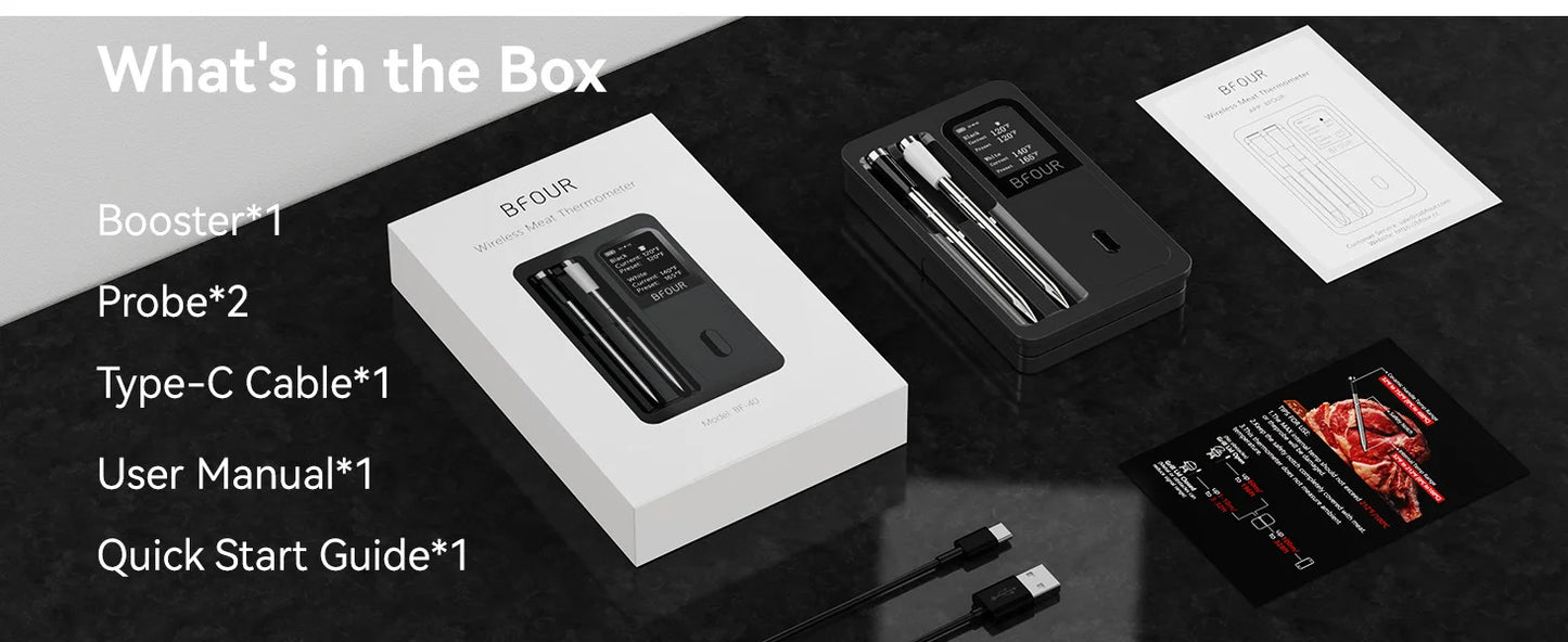 Wireless Bluetooth Meat Thermometer IP67 Waterproof Probes with LCD Screen Booster Rechargeable for Grilling Smoker BBQ Oven