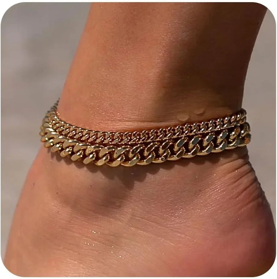 Gold Ankle Bracelets for Women K Gold Plated/Silver Anklets for Women Waterproof Minimalist Cuban Link Anklets Set Gift.
