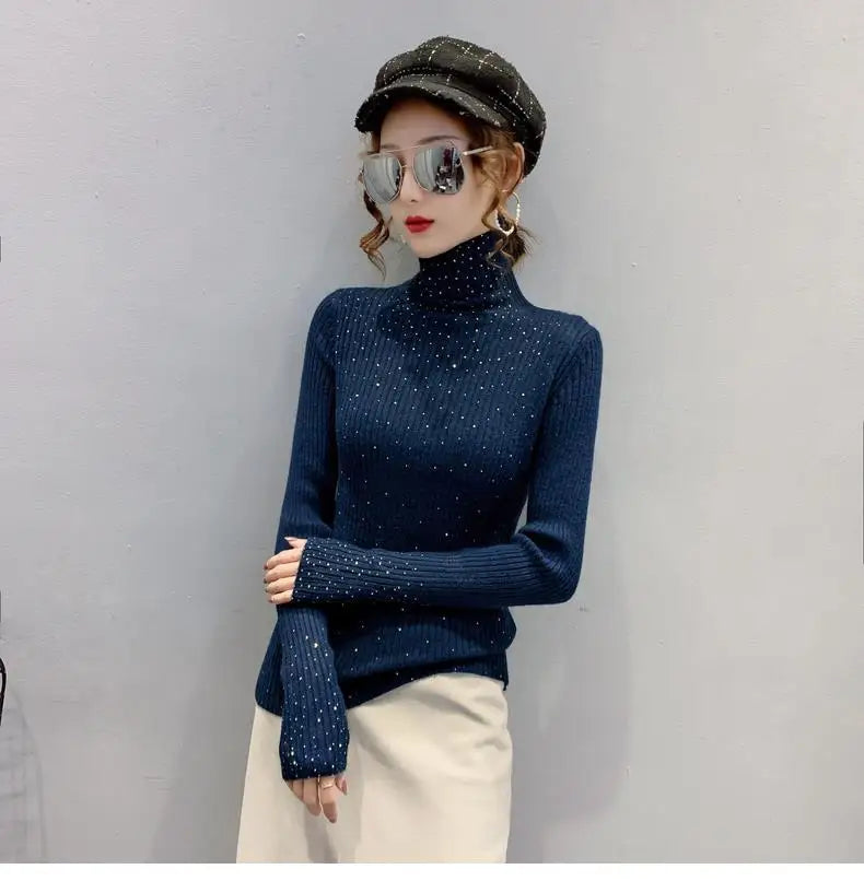 Women Clothing Fashion Elegant Turtleneck Pullover Autumn Winter Solid Slim Long Sleeve Sweater Office Lady Casual Dignified Top.