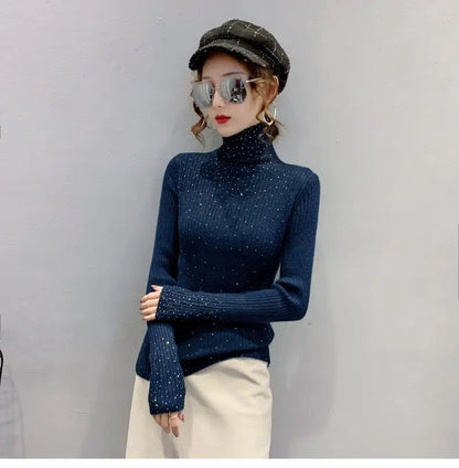 Women Clothing Fashion Elegant Turtleneck Pullover Autumn Winter Solid Slim Long Sleeve Sweater Office Lady Casual Dignified Top.