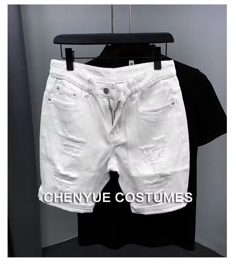 New Men's Denim Shorts Trendy Solid Color Ripped Slim Fit High Waist Elastic Waist Breathable Quick Dry Cotton Pants.