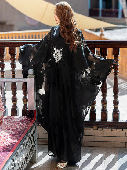 Luxury Dubai Abaya Embroidered Black Jacquard Tassel Robe Women Muslim Dress Kaftan Kimono Kebaya Marocain Femme Caftan Jalabiya.