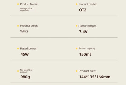 Rechargeable Electric Citrus Juicer Orange Juice Machine Extra Large Caliber Residue Separation