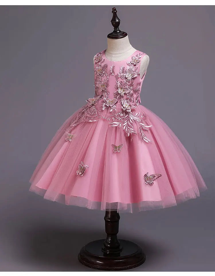 Elegantes Kleid für Mädchen, Abend, Hochzeit, Schmetterlingsapplikationen, Netzstoff, Prinzessinnenkleid für Kinder, Geburtstagsfeier, Abschlussball, Performance-Kleid.