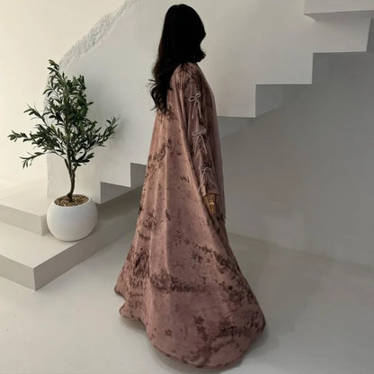 2025 sommer Arabisch Frauen Muslimische Kleidung Ramadan Dubai Offene Abaya Kleid mit Hijab Islam Gedruckt Chiffon 2 Stück Outfit