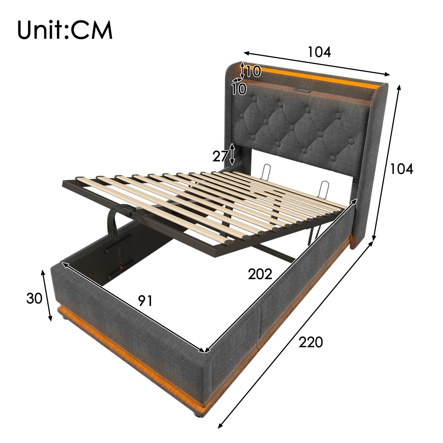 KOMHTOM Hydraulisches Lagerbett, Leinen, 360-Surround-LED-Funktion, mit USB Typ-C Ladefunktion, ohne Matratze