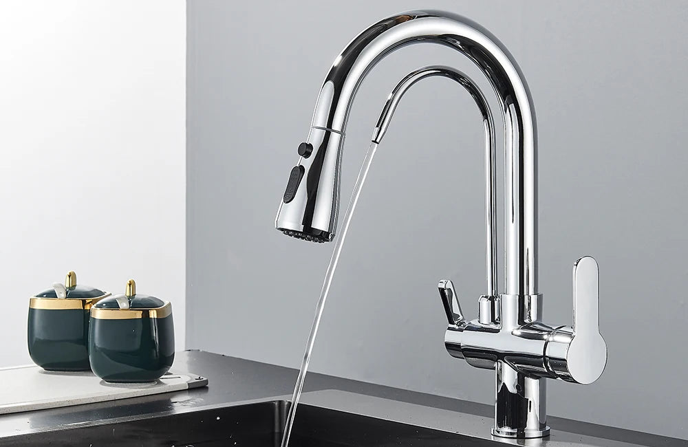 Quyanre Matte Black Filtered Crane For Kitchen Pull Out Spray 360 Rotation Water Filter Tap Three Ways Sink Mixer Kitchen Faucet