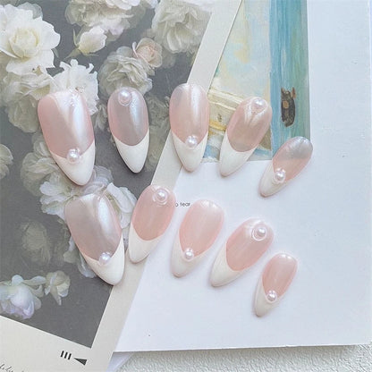Aurora Handmade Press On Nails White Almond French Fake Nails Medium Wearable Manicure Simple Pearl Decoration Finger Nails Art.