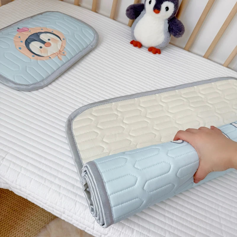 2pcs Cooling Viscose Fiber Latex Mat Set,Summer Bed Sheet Pad with Pillow,Cartoon Penguin Foldable Boy Girl Baby 60*120cm Sheet.