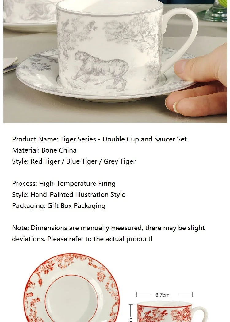 Red, Blue, Gray Tiger Series  Animal Images Bone Porcelain Coffee Cup Plate European Afternoon Tea Cup and Saucer Set Gift Box.