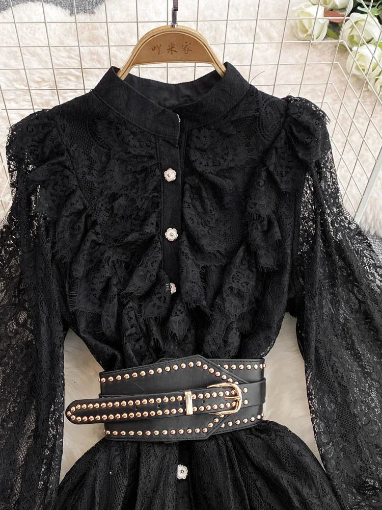 Neue Frühling Herbst Spitze Kleid für Frauen Weiß Schwarz Elegante Taille Langarm Stil Geburtstag Party Kleid Weibliche C186.