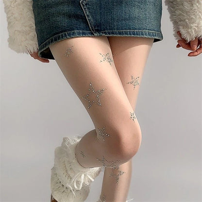 LOTDOOTN Y2K Tights Silver Star Print Pantyhose Women Girl Japanese Mesh Transparent Pantyhose Bow Star Tights Stockings Lolita.