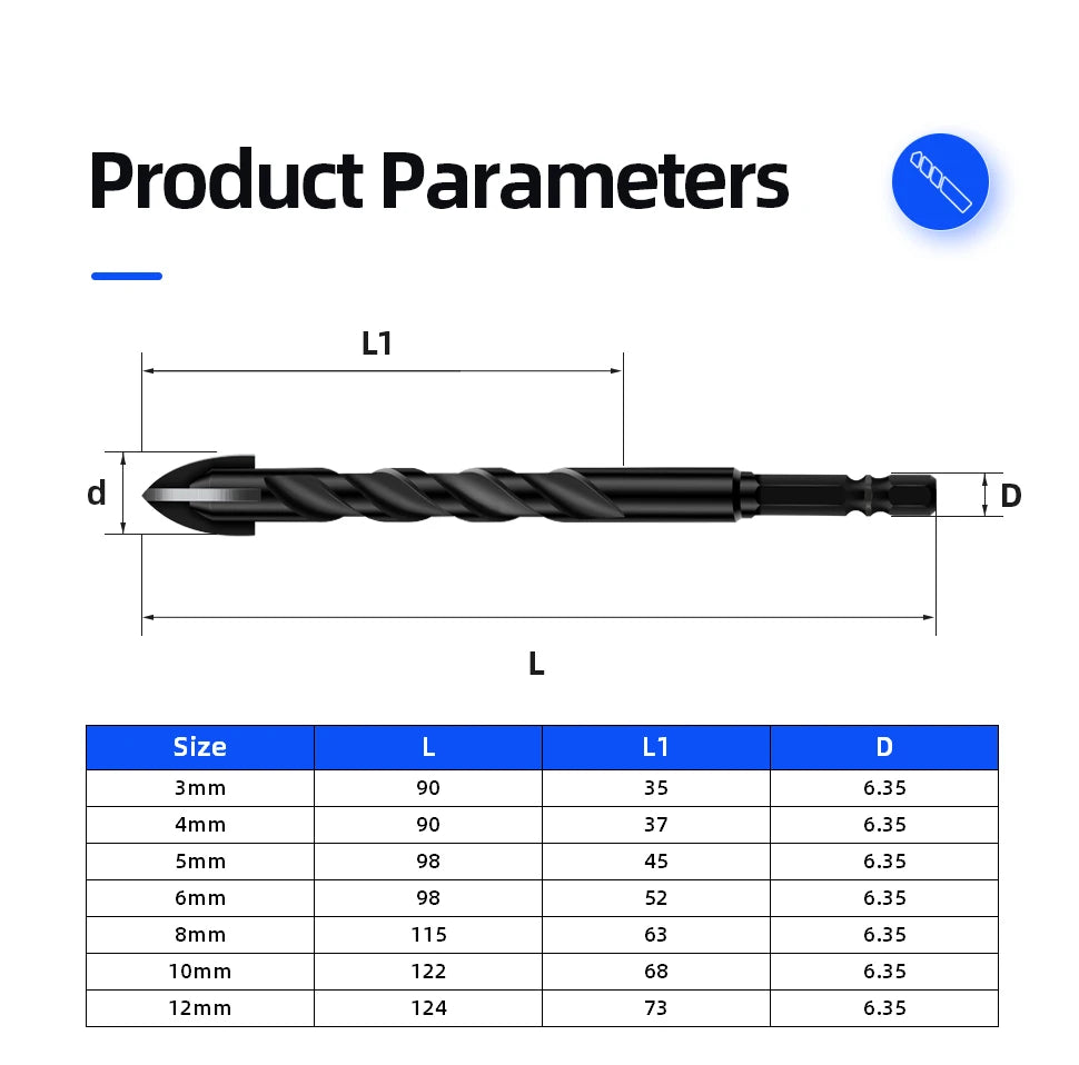 Kreuz-Sechskant-Fliesenbohrer für Glas, Beton, Keramikfliesen, Lochöffner, Tunstenkarbid, Hartmetall-Bits-Set, Werkzeuge, 3, 4, 5, 6, 8, 10, 12 mm