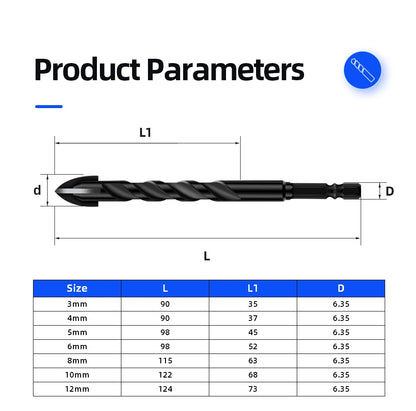 Kreuz-Sechskant-Fliesenbohrer für Glas, Beton, Keramikfliesen, Lochöffner, Tunstenkarbid, Hartmetall-Bits-Set, Werkzeuge, 3, 4, 5, 6, 8, 10, 12 mm