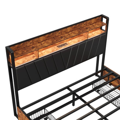 Lazyspace Metall-Doppelbett 160 x 200 cm mit 4 Schubladen, Bettrahmen mit USB-Ladeanschluss und LED-Kopfteil, schwarz, ohne Matratze