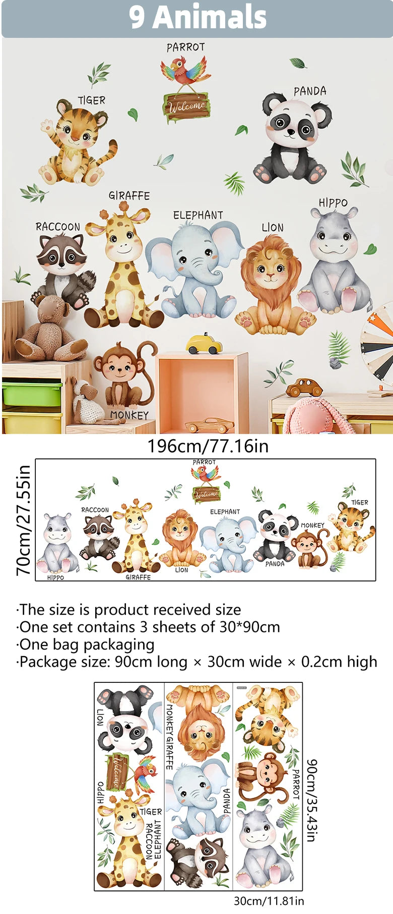 Safari Jungle Woodland Animals Wall Decals Wall Stickers for Boys Girls Baby Nursery Kids Bedroom Living Room Classroom Decor.