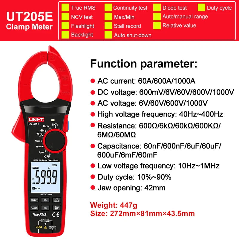 UNI-T Zangenmessgerät UT207B UT208B AC DC Amperometrische Zange Digitalmultimeter Amperemeter Zange Einschaltstrom Tester Werkstatt Werkzeuge