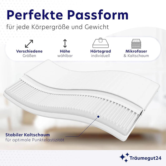 Ortho Kalschaummatratze, 7-Zonen-Matratze, Härte: H2 & H3, ÖkoTex gerollte Matratze (140 x 200 cm)
