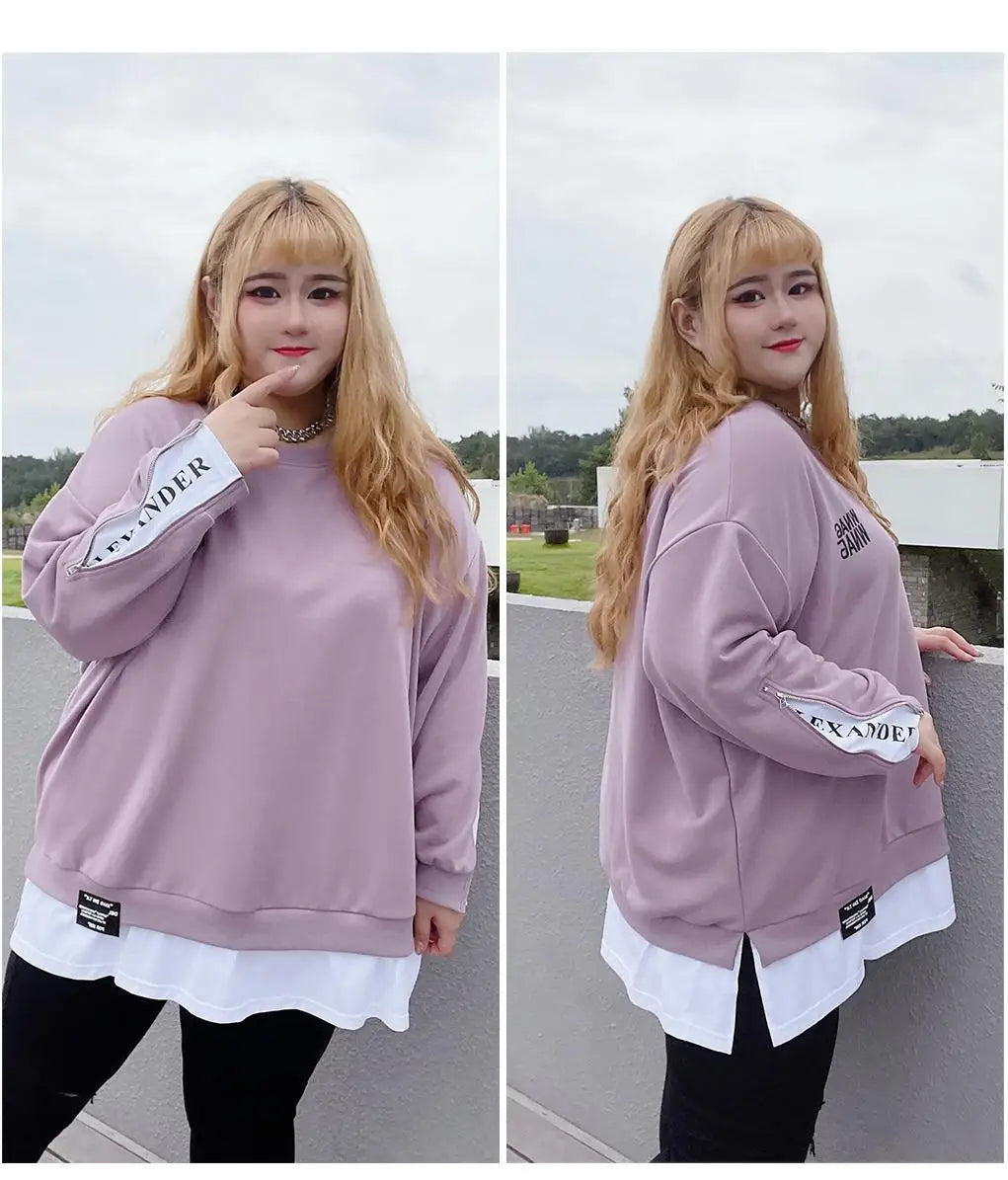 Frühling Herbst Neue Koreanische Mode Zwei Gefälschte Stücke Plus Größe Sweatshirt Frauen Brief Patchwork Casual Dame Tops Übergroße Kleidung.