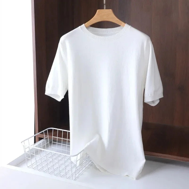 2025 Superfine Merino Wool T Shirt Men's Knitted O-neck Breathable Thin Cashmer Short Sleeve Tee Solid Color Tops.