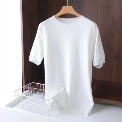 2025 Superfine Merino Wool T Shirt Men's Knitted O-neck Breathable Thin Cashmer Short Sleeve Tee Solid Color Tops.