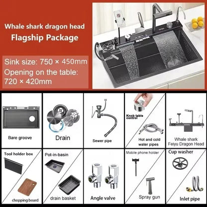 Kitchen 304 Stainless Steel Waterfall Sink, Large Single Slot, Digital Display Embossed Washing Basin Household Dishwashing Sink