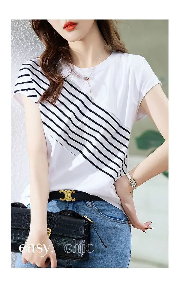 Color Block Striped Slimming T Shirt Women Casual Short Sleeve Top.