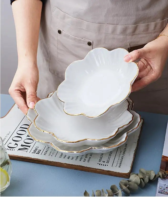 European Golden edged ceramic plate creative home serving plate special-shaped ceramic cutlery dinner plates fruit snack plates.