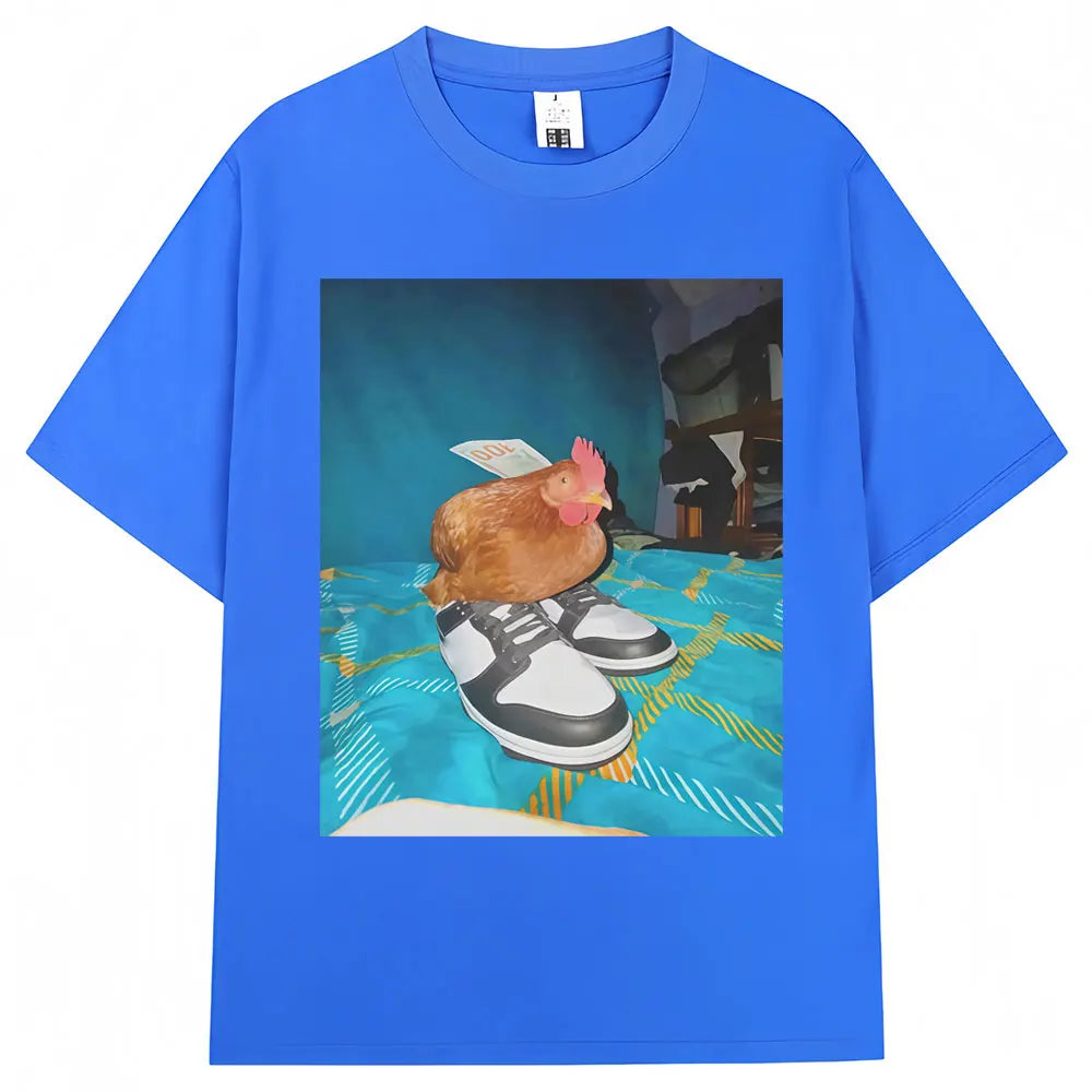 Funny Dripped Out Chicken Meme Print T-shirts Humor Chicken with Shoes Men Women T Shirt Creativity Popular Loose Cotton T-shirt.