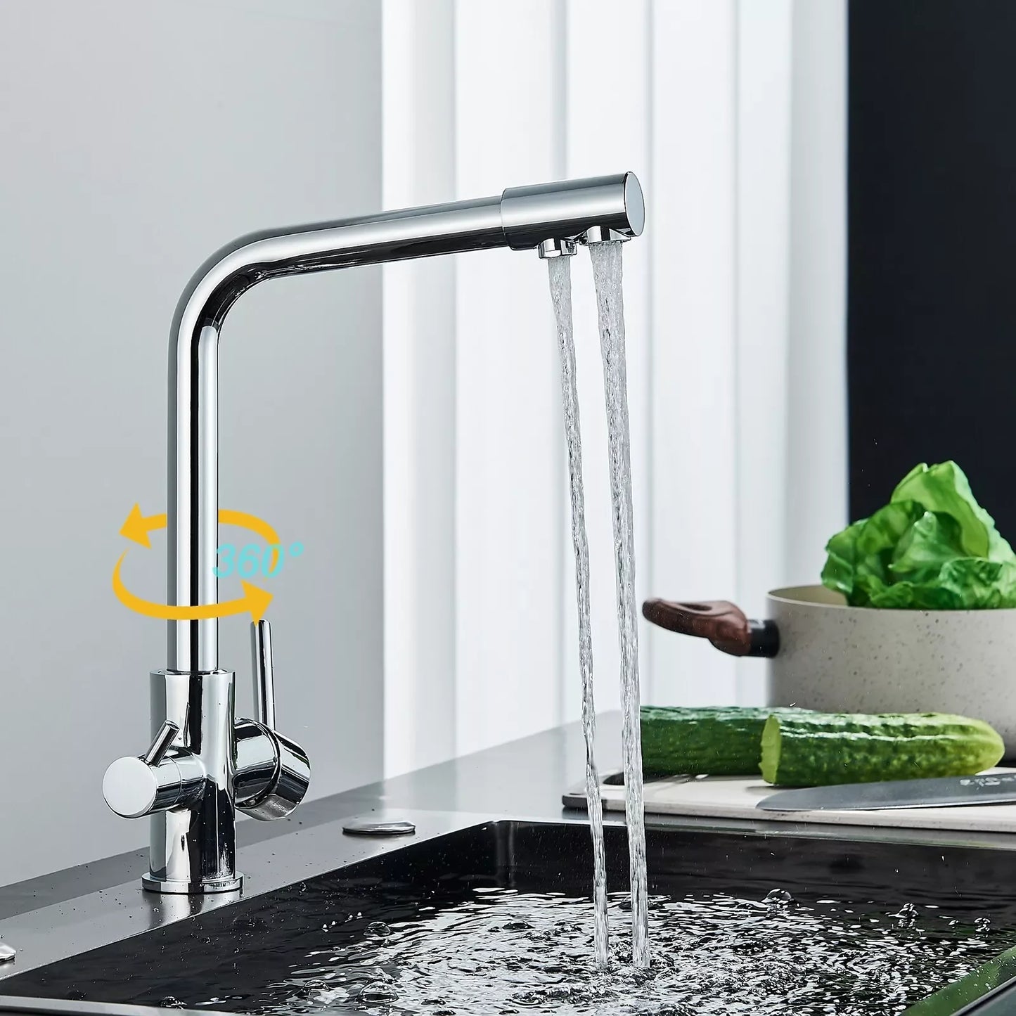 Chrome Brass Pure Water Kitchen Faucet Dual Handle Hot and Cold Drinking Water 3-way Filter Kitchen Purified Mixer Taps