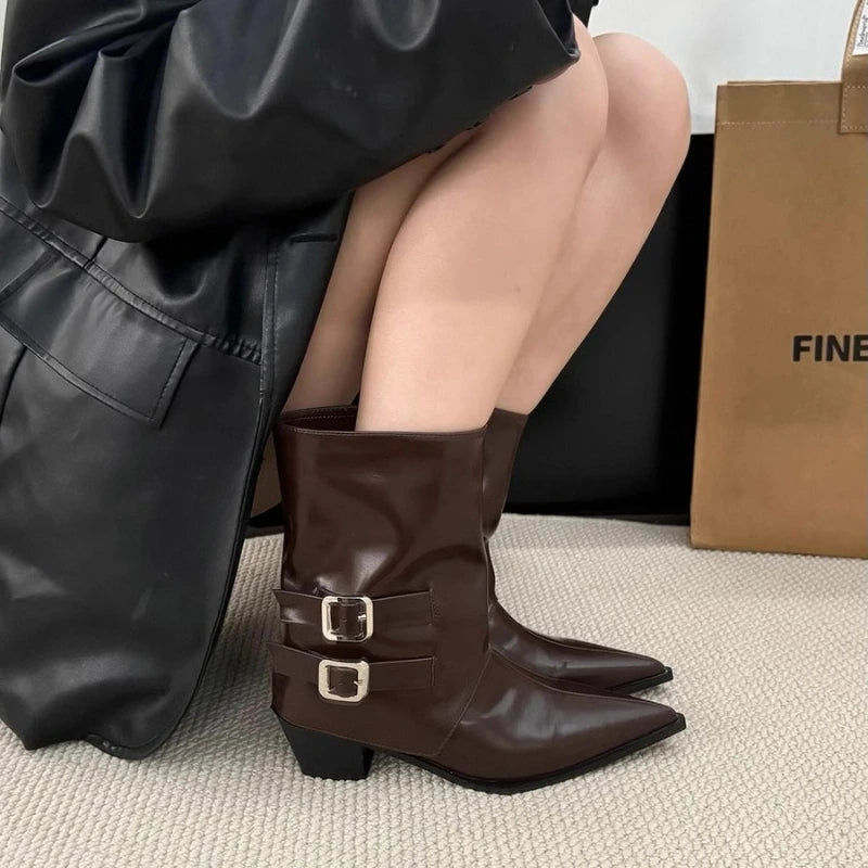 Winter Pointed Toe Thick Heel Women Ankle Boots Elegant Back Belt Buckle Slip On Shoes Street Style Party Short Botas Mujer.