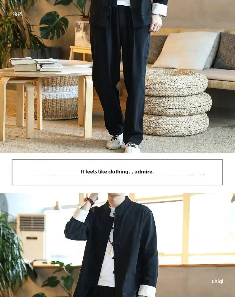 Traditional Chinese Men's Tang Suit Cotton Linen Ancient Costume Tea Servant Zen Meditation Clothing Middle Mountain Hanfu.