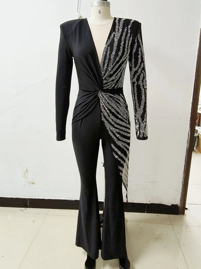 Sexy Deep V Neck Sparkly Diamonds Design Jumpsuit Women Long Sleeve Draped Wide Leg Jumpsuit Elegant Evening Club Costume Runway