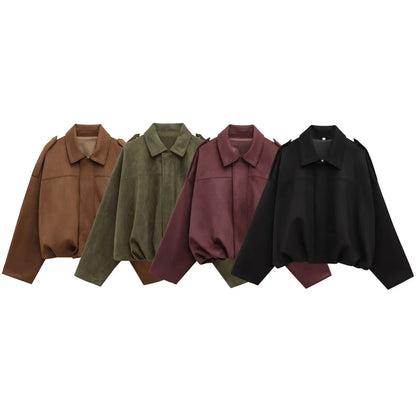 TRAFZA Damen-Jacke mit Wildleder-Textur, High Street, lange Ärmel, Umlegekragen, elastischer Reißverschluss, Knopfleiste, solider, trendiger Frühlingsmantel